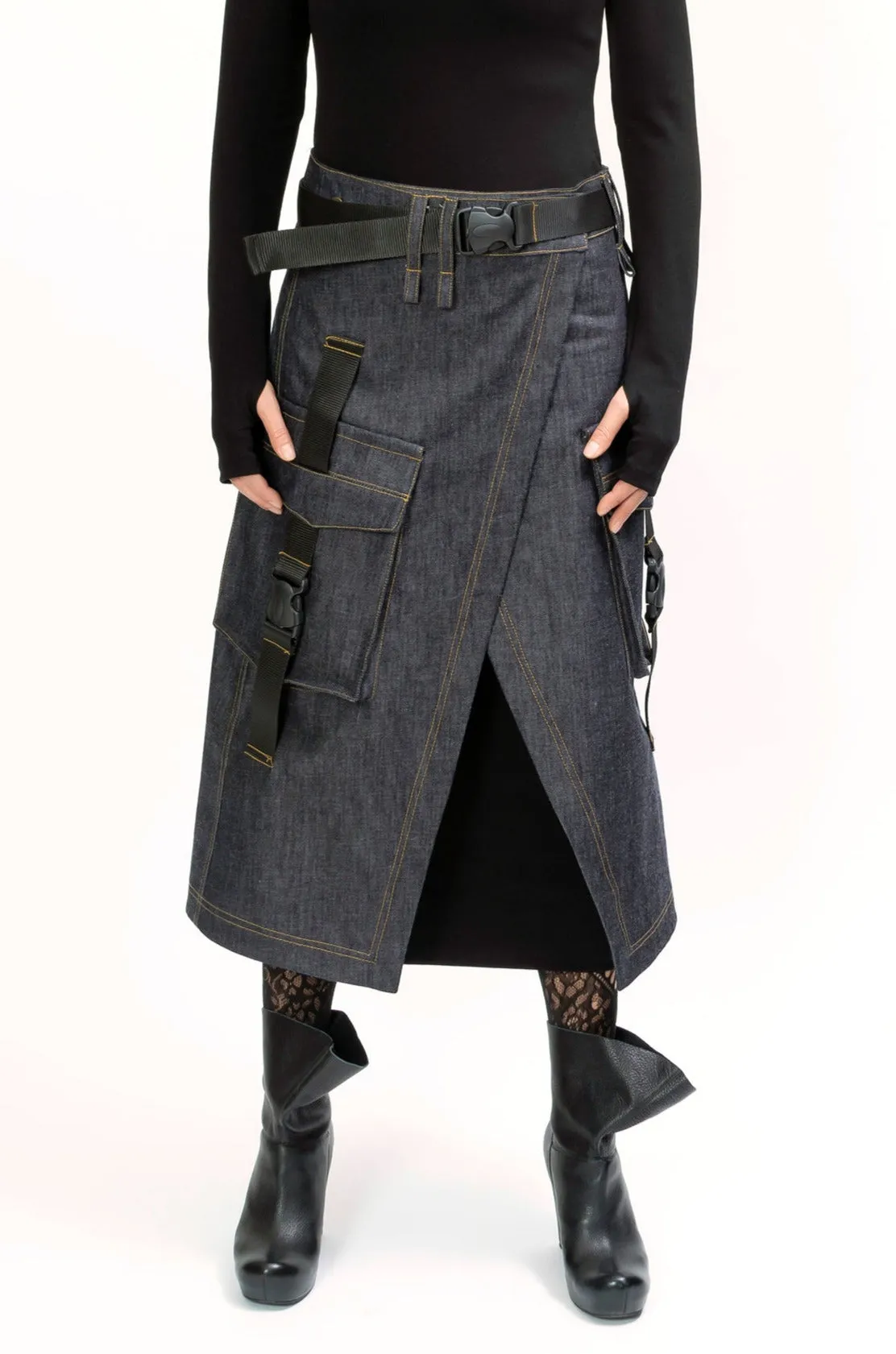 Long Denim Low Waist Cargo Skirt
