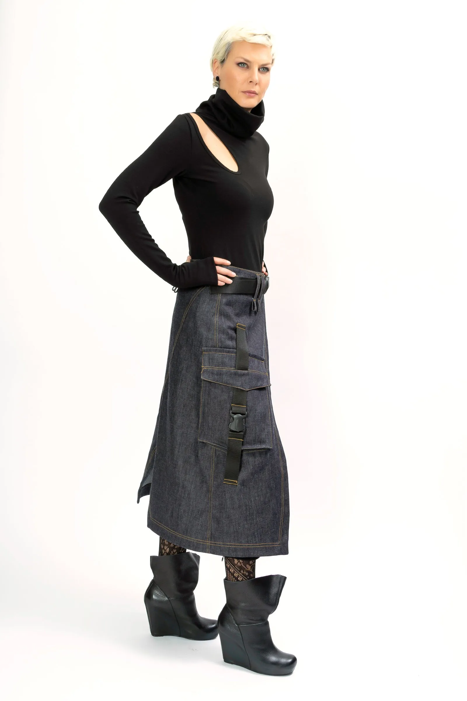 Long Denim Low Waist Cargo Skirt