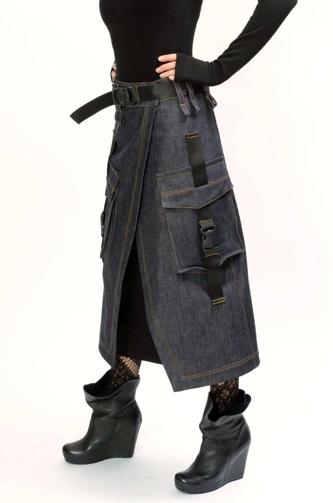 Long Denim Low Waist Cargo Skirt