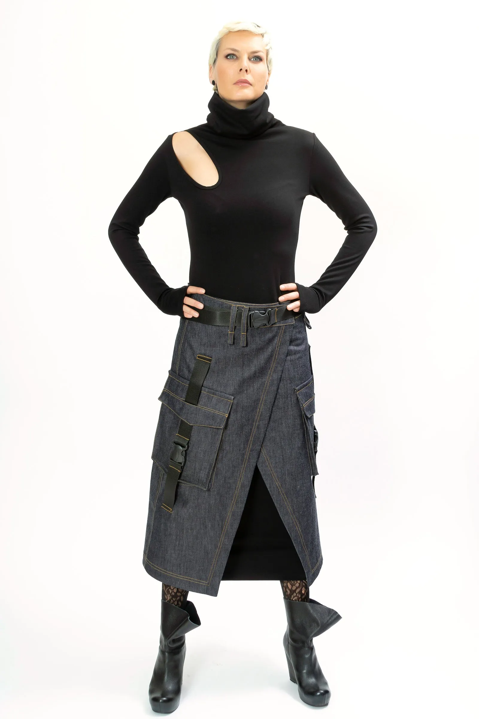 Long Denim Low Waist Cargo Skirt