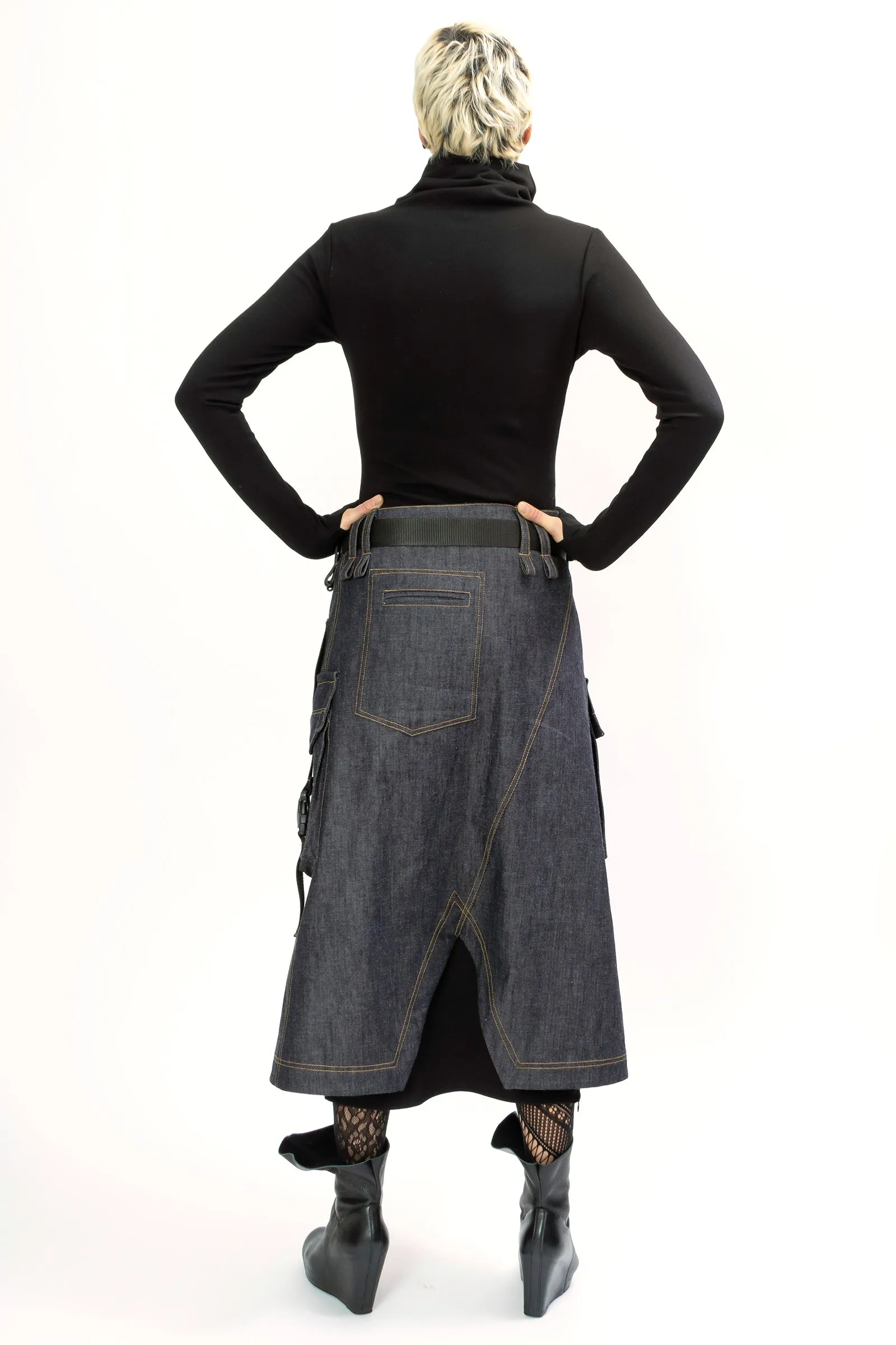 Long Denim Low Waist Cargo Skirt