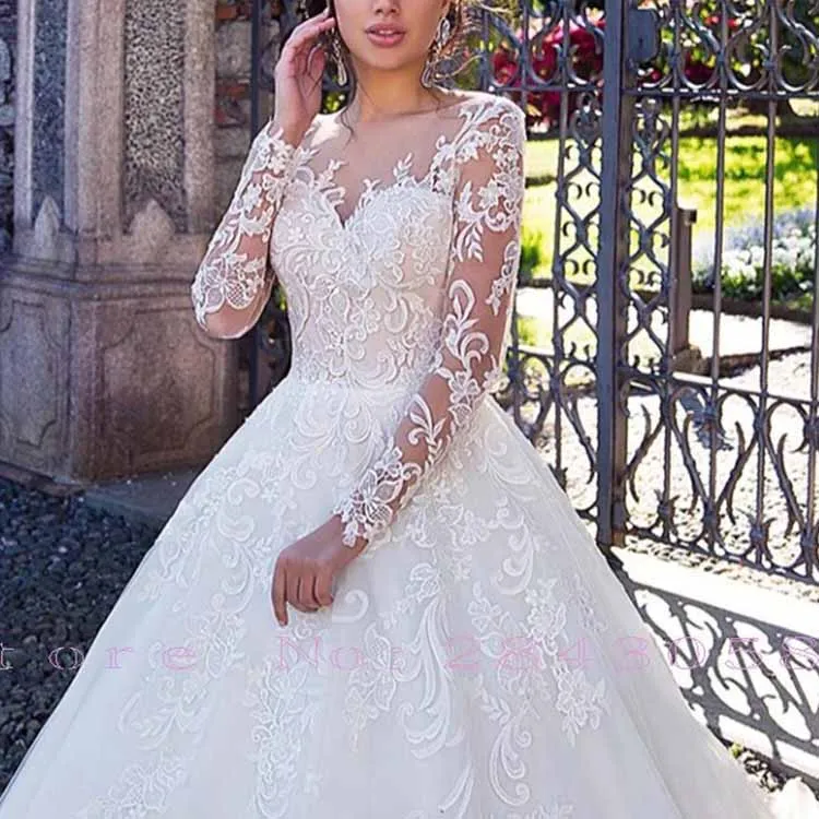 Long Sleeve Wedding Dress for Bride Lace Applique Bride Gowns