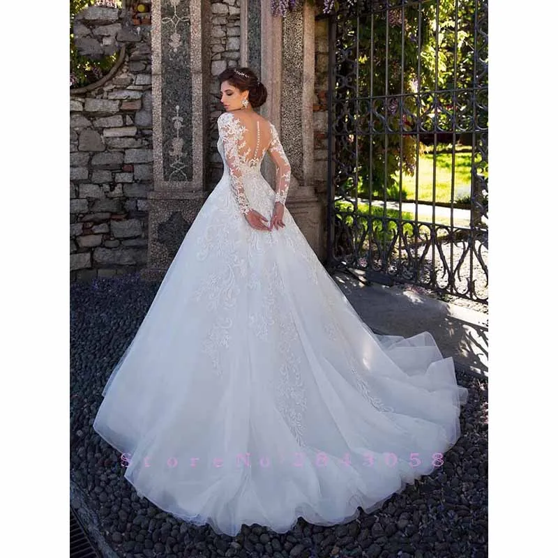 Long Sleeve Wedding Dress for Bride Lace Applique Bride Gowns