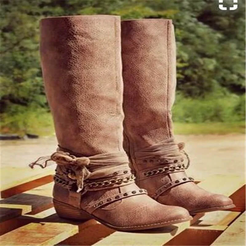 Low Chunky Heel Rivet Knee High Boots