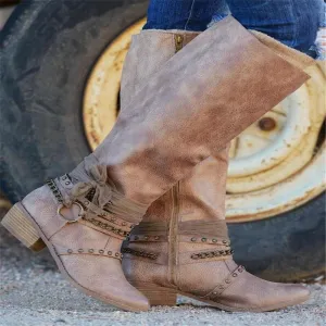 Low Chunky Heel Rivet Knee High Boots