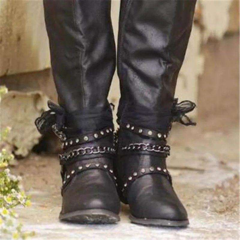 Low Chunky Heel Rivet Knee High Boots