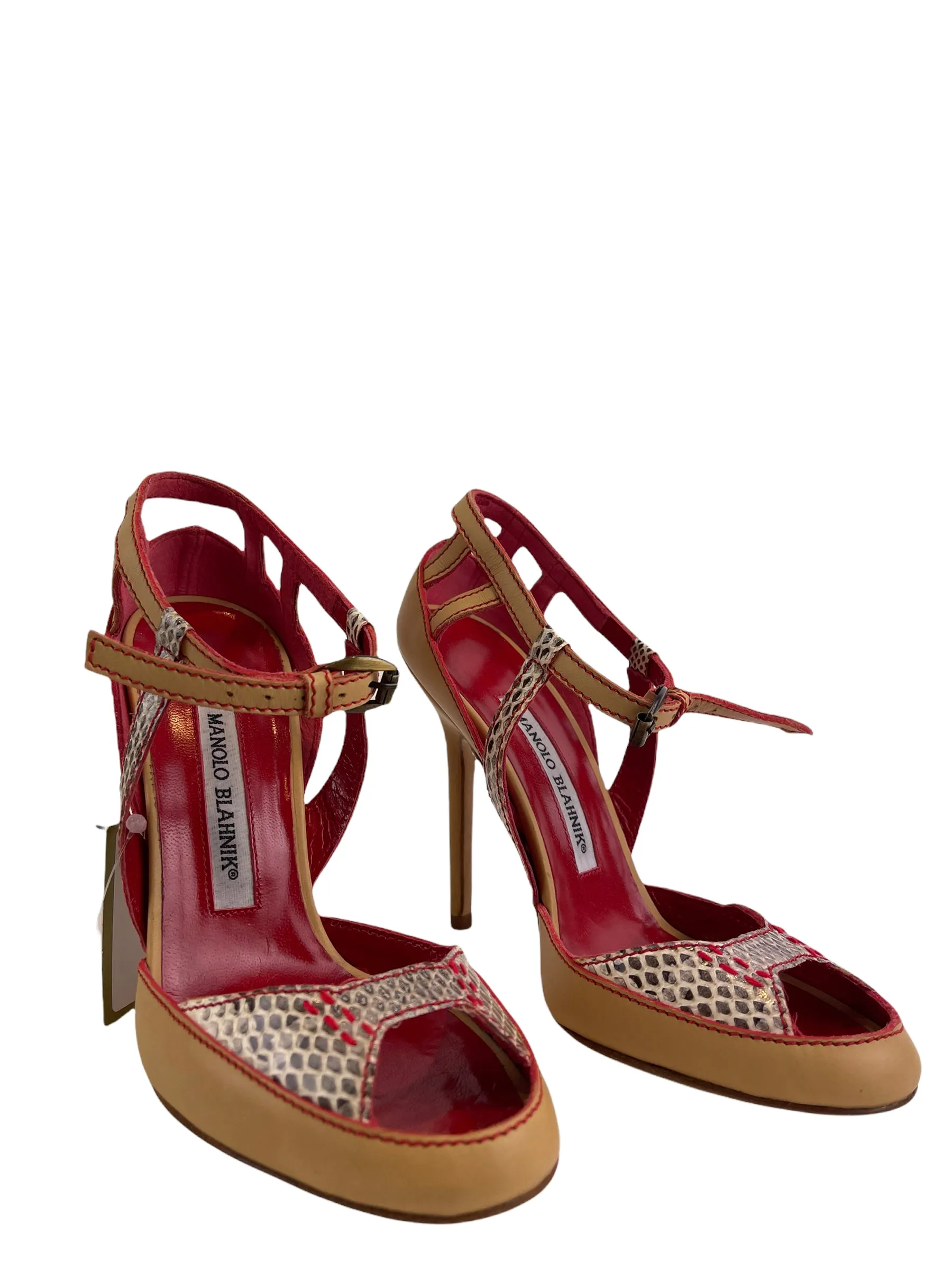 Manolo Blahnik Red Snakeskin Strap Heels - UK 2 / EU 35