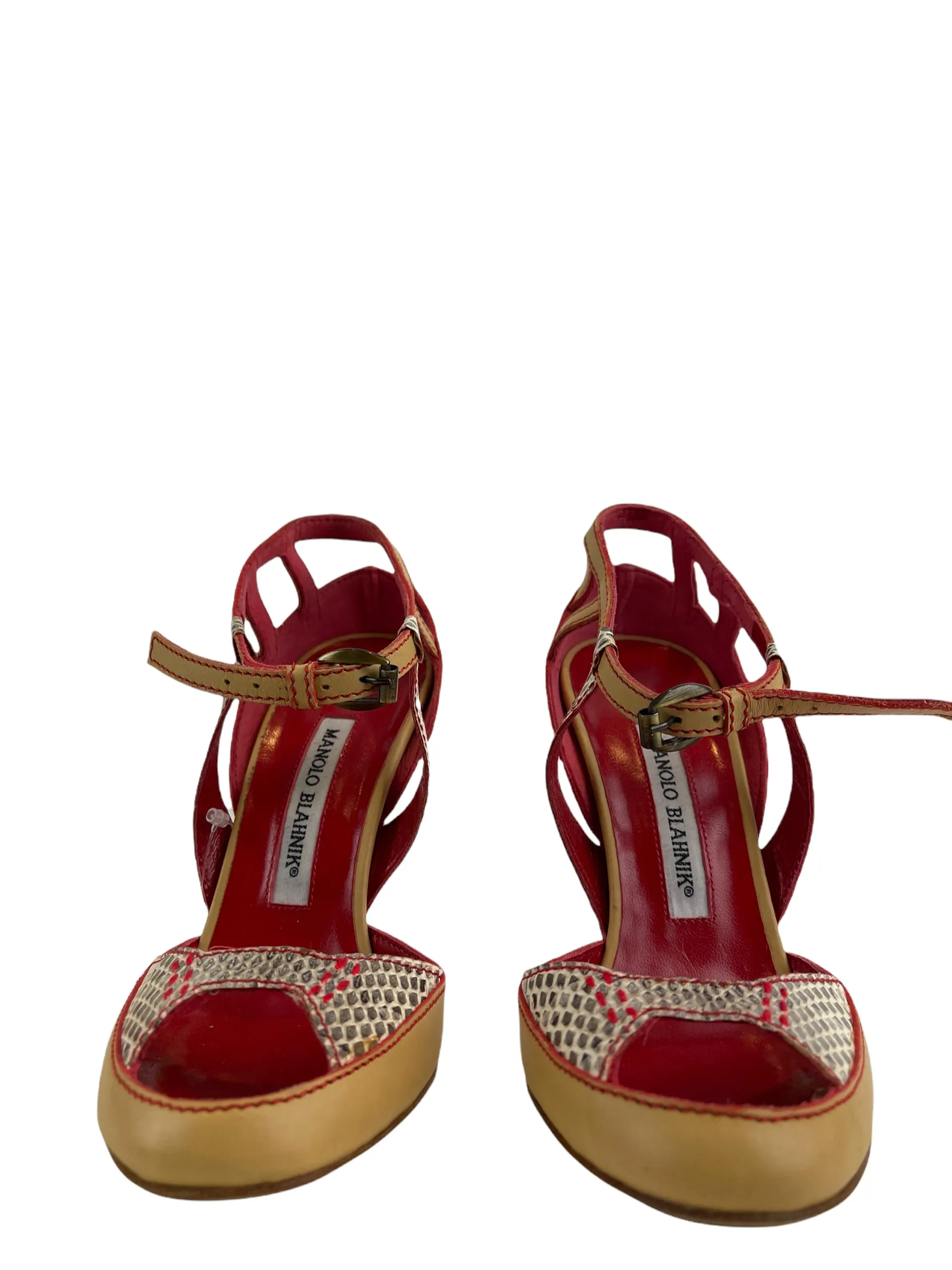 Manolo Blahnik Red Snakeskin Strap Heels - UK 2 / EU 35