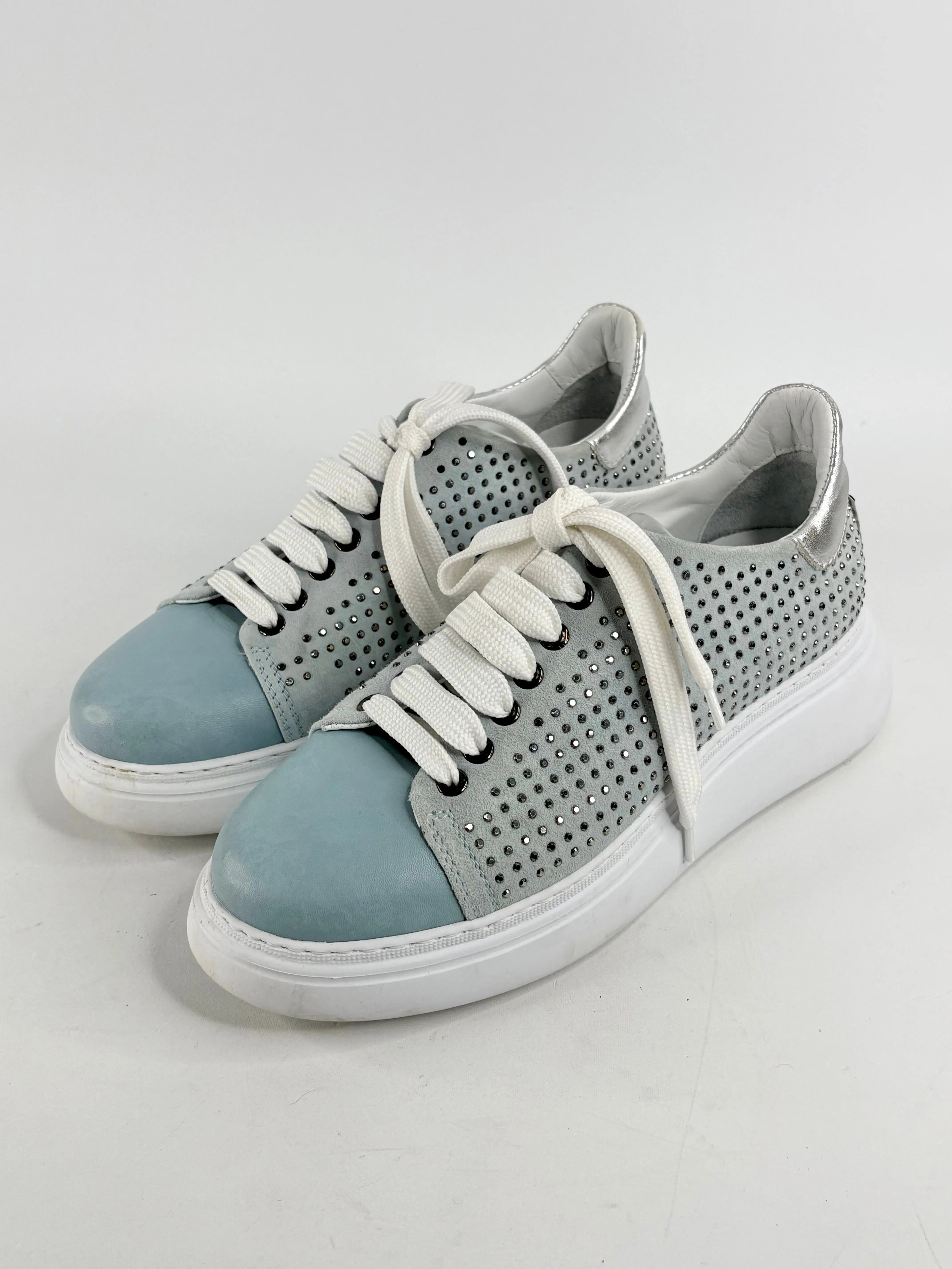 Marco Moreo Sky Blue Suede-Blend Studded Sneakers - EU38