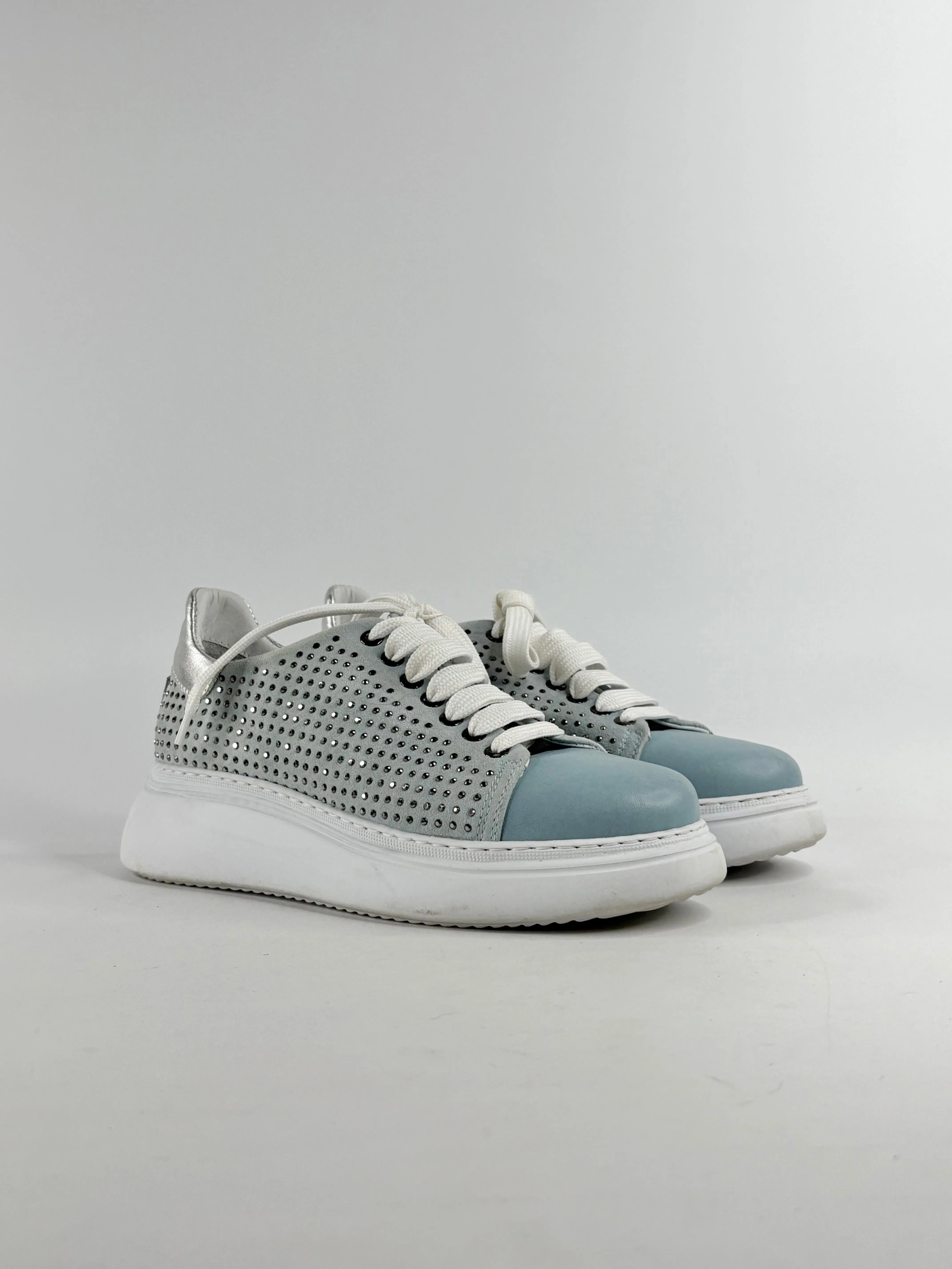 Marco Moreo Sky Blue Suede-Blend Studded Sneakers - EU38