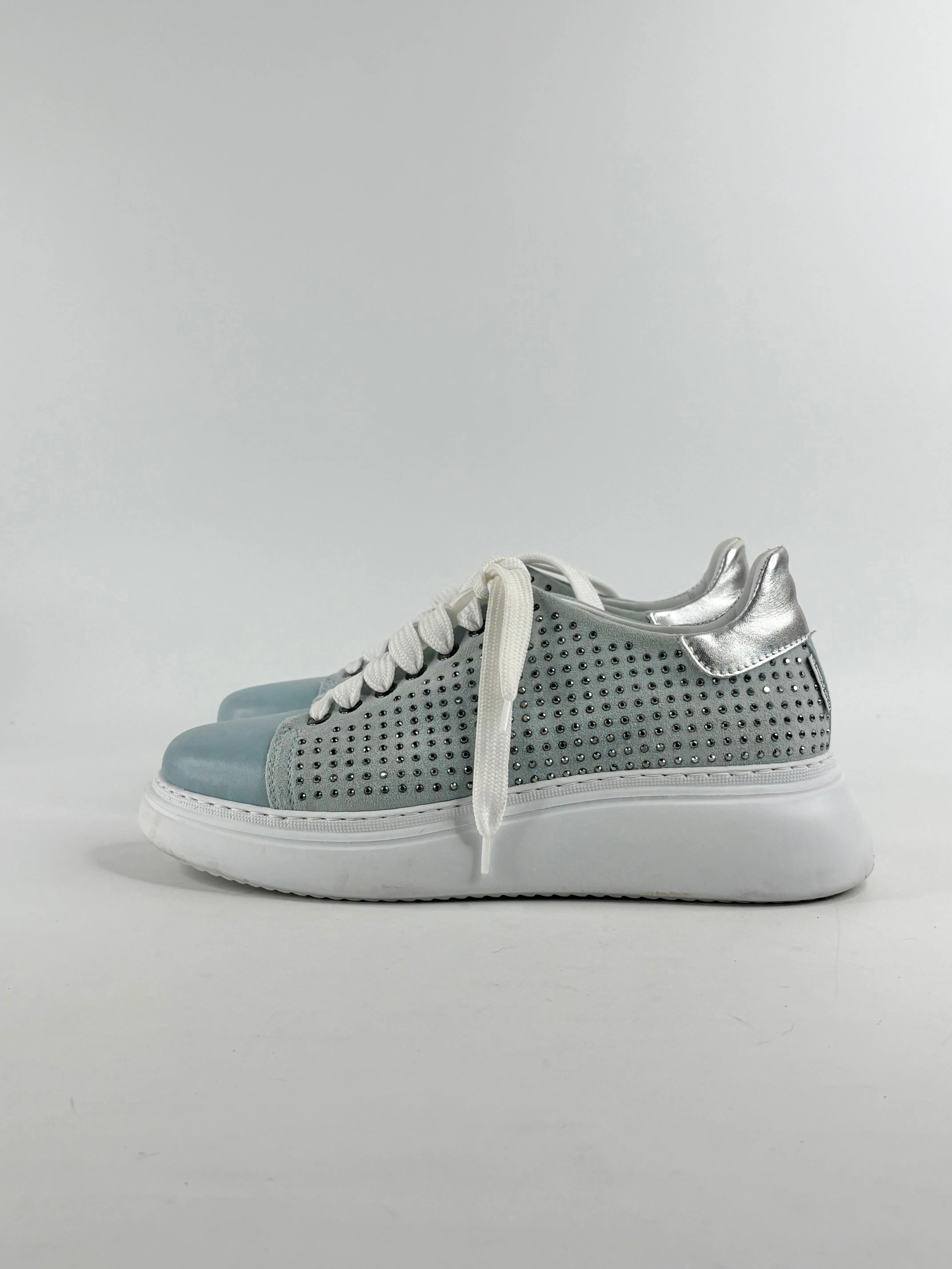Marco Moreo Sky Blue Suede-Blend Studded Sneakers - EU38