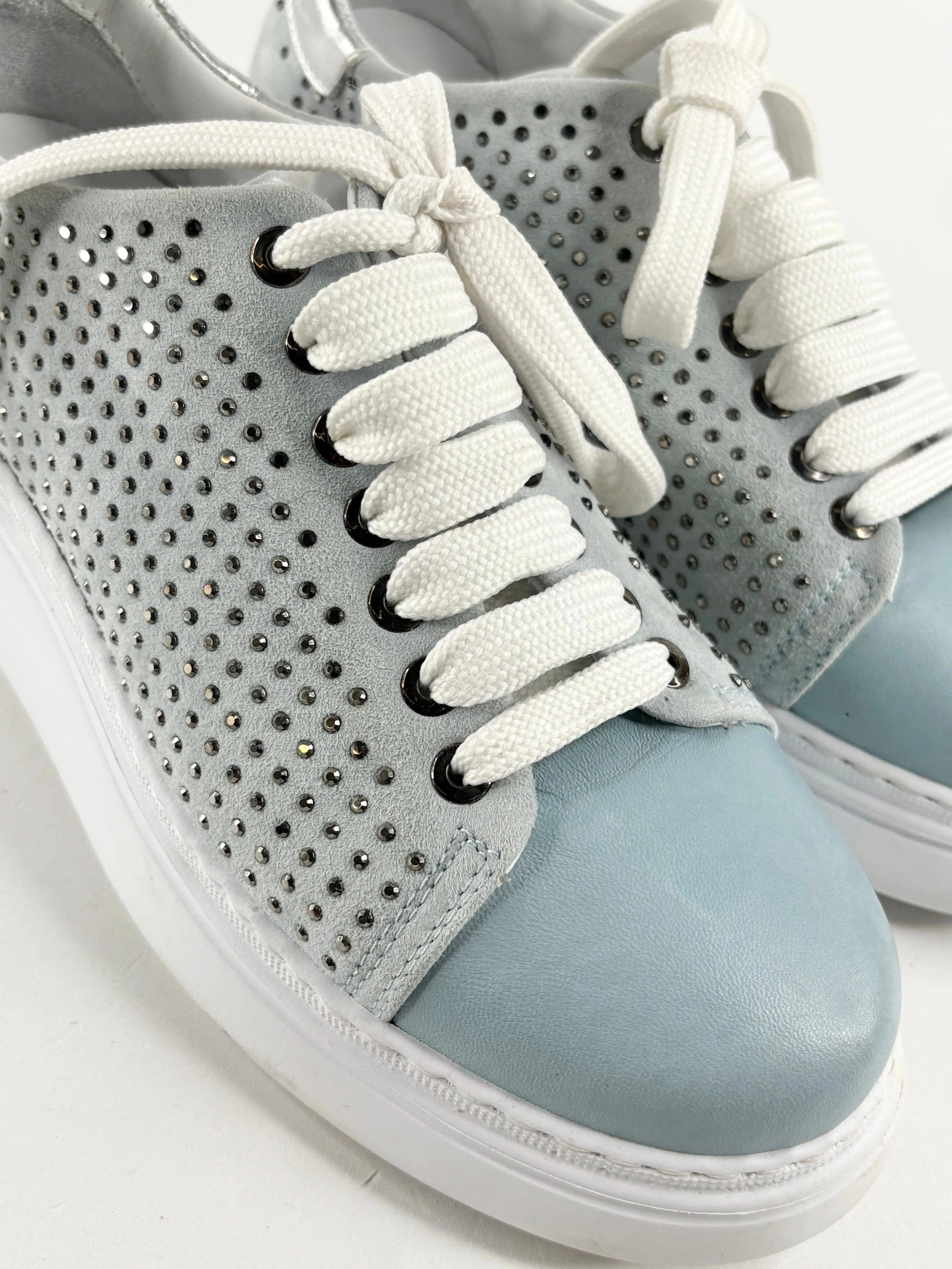 Marco Moreo Sky Blue Suede-Blend Studded Sneakers - EU38