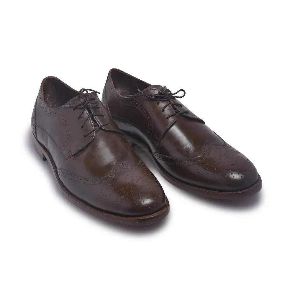 Men Brown Derby Brogue Wingtip Laces Genuine Leather Shoes