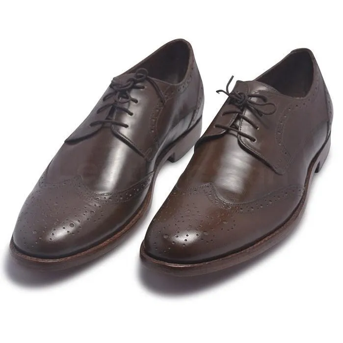 Men Brown Derby Brogue Wingtip Laces Genuine Leather Shoes