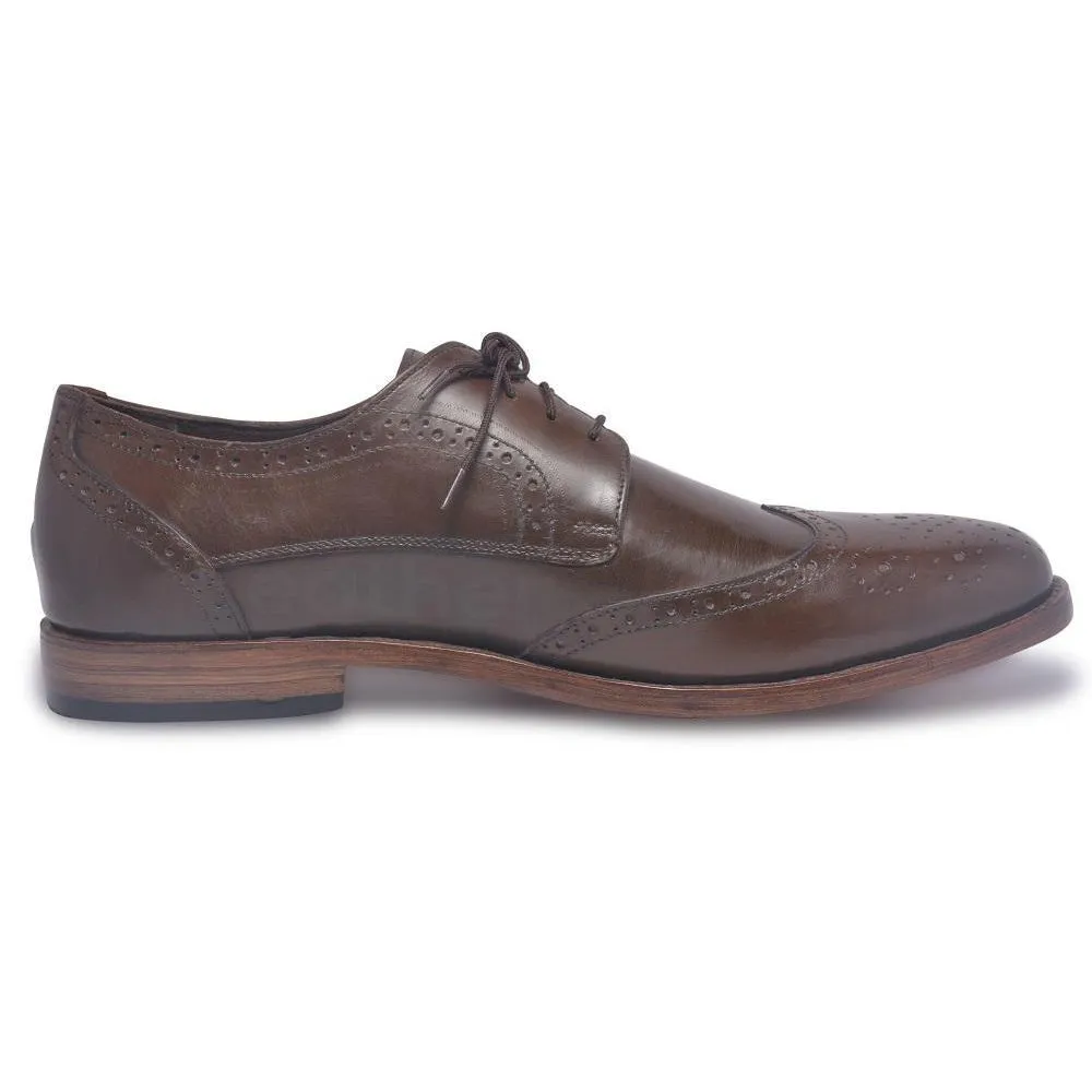Men Brown Derby Brogue Wingtip Laces Genuine Leather Shoes