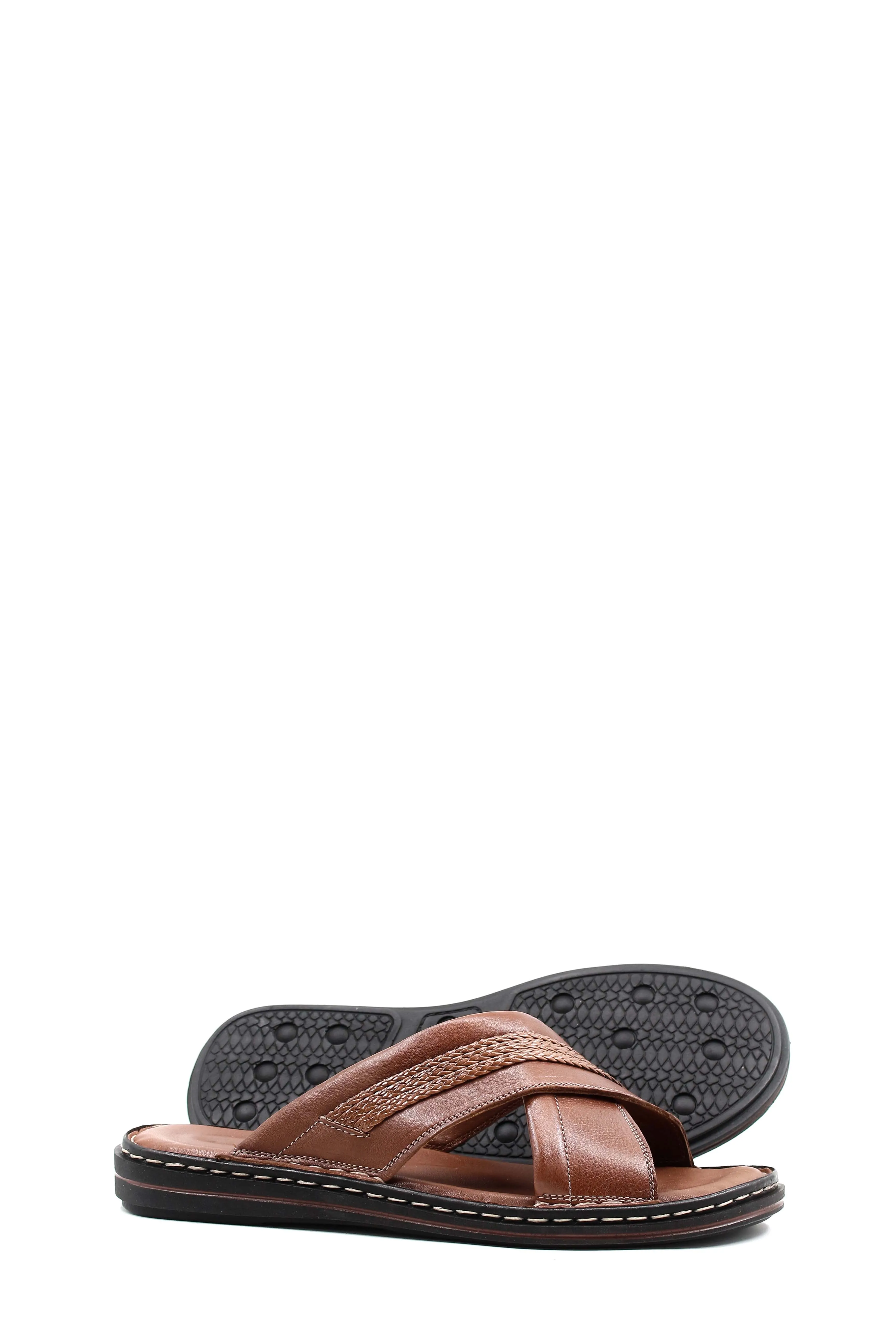 Men's Brown Leather Slippers with Cross-Strap Design and Stitched Sole - Wessi