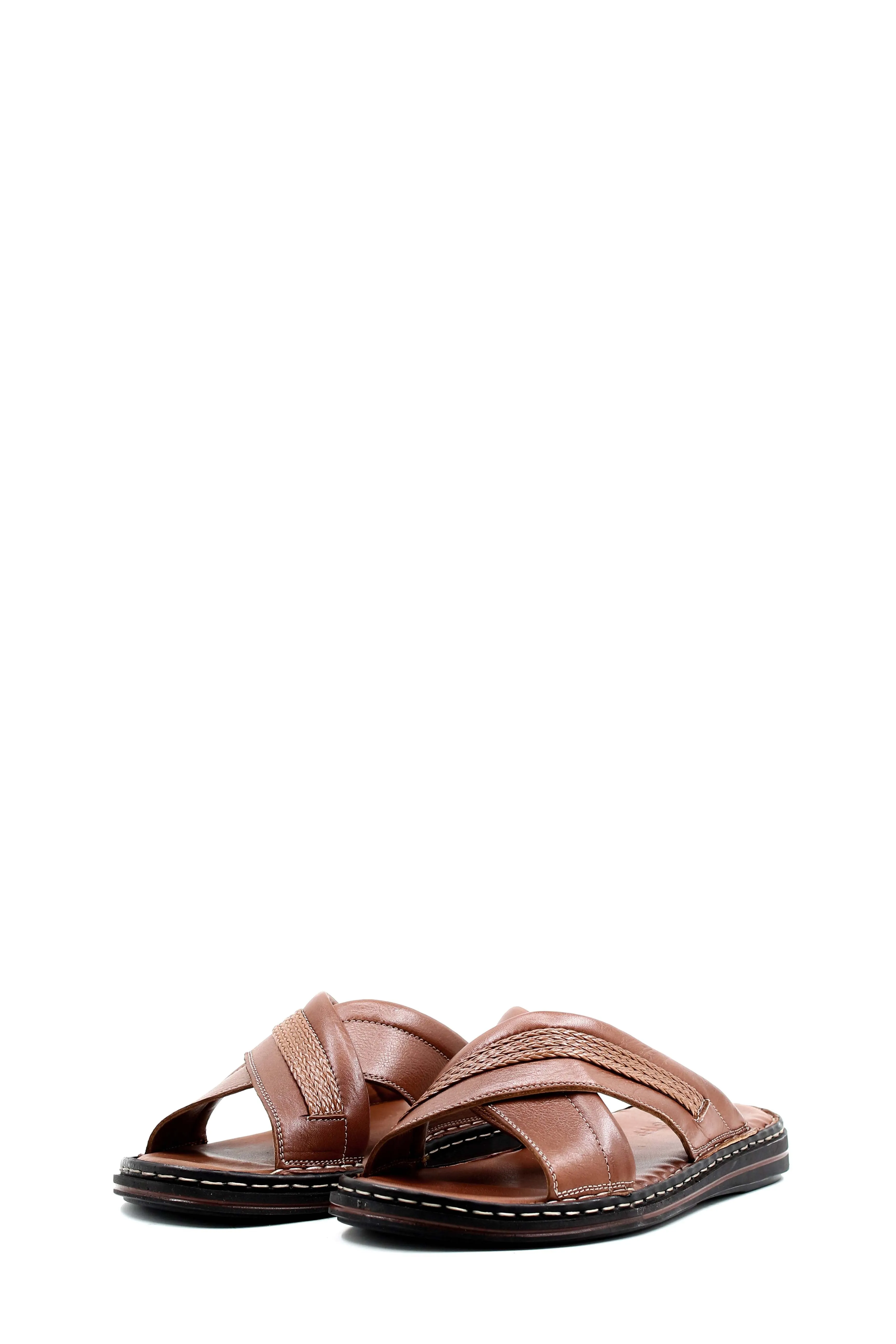Men's Brown Leather Slippers with Cross-Strap Design and Stitched Sole - Wessi
