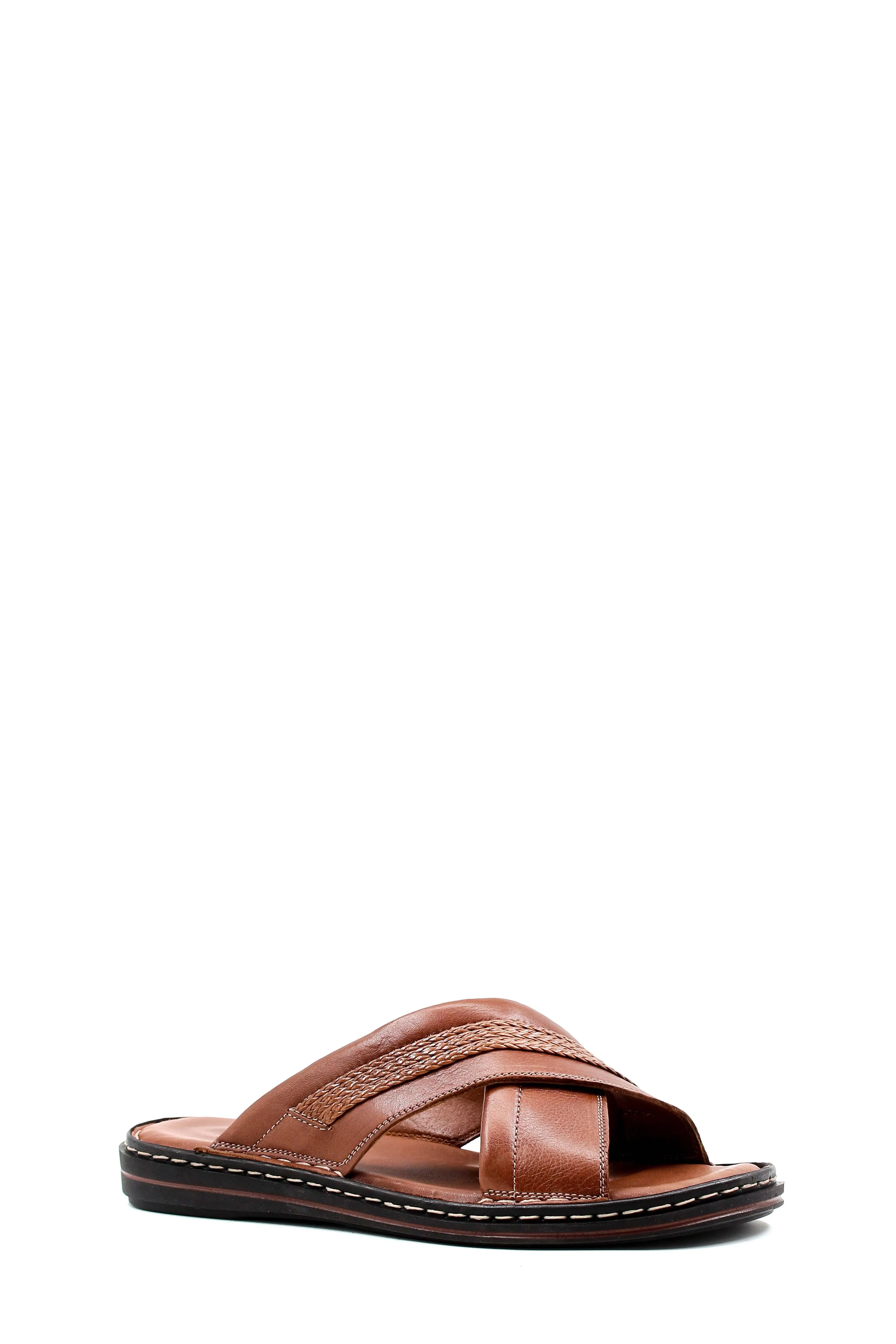 Men's Brown Leather Slippers with Cross-Strap Design and Stitched Sole - Wessi