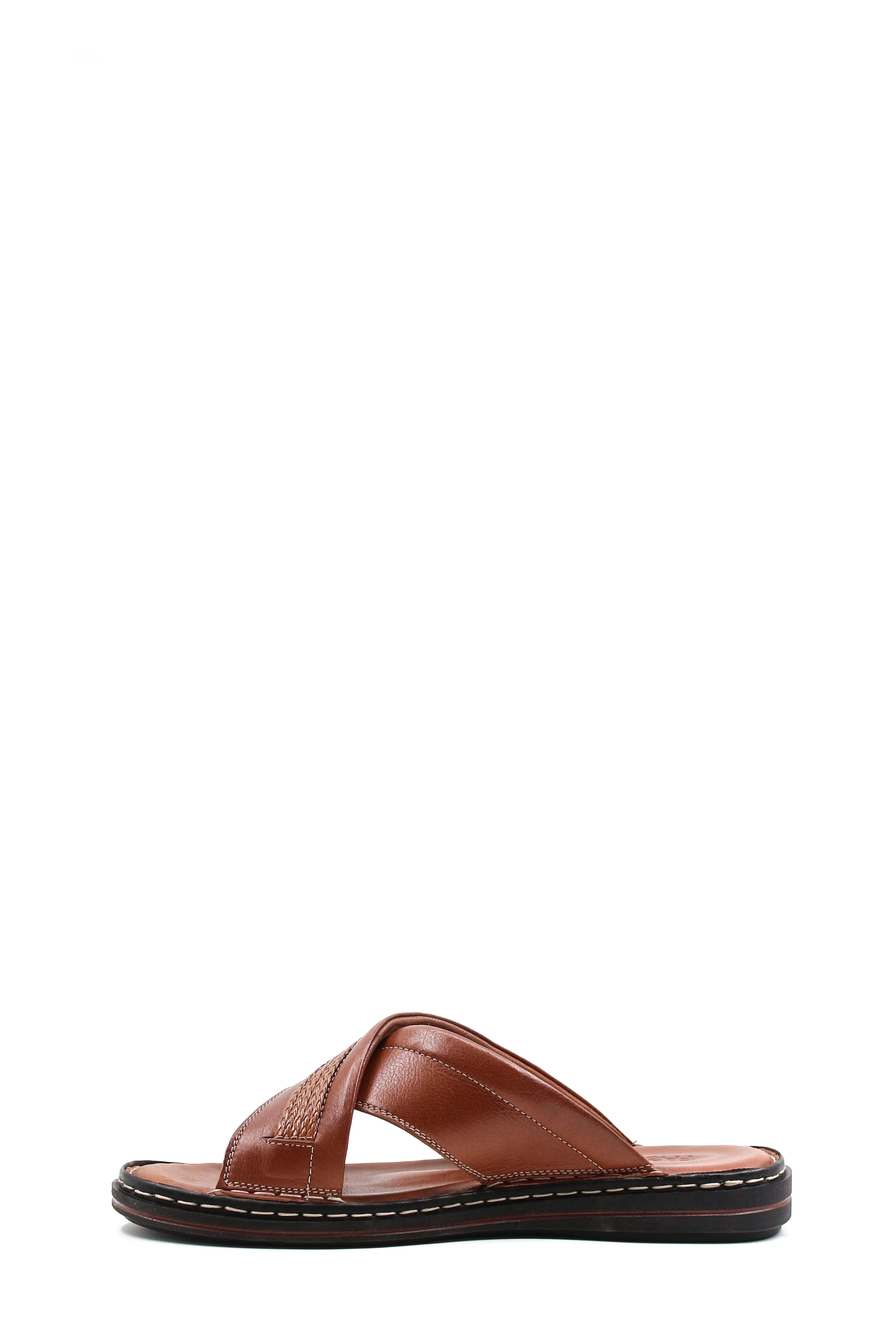 Men's Brown Leather Slippers with Cross-Strap Design and Stitched Sole - Wessi