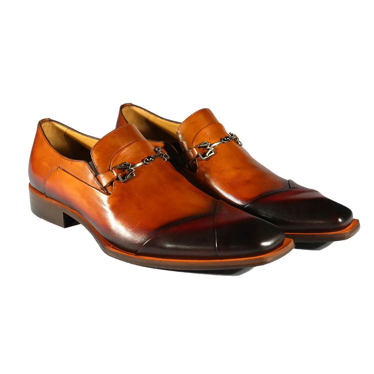 Mezlan 20282 Men's Shoes Honey & Burgundy Calf-Skin Leather Asymmetrical Horsebit Loafers (MZS3480)