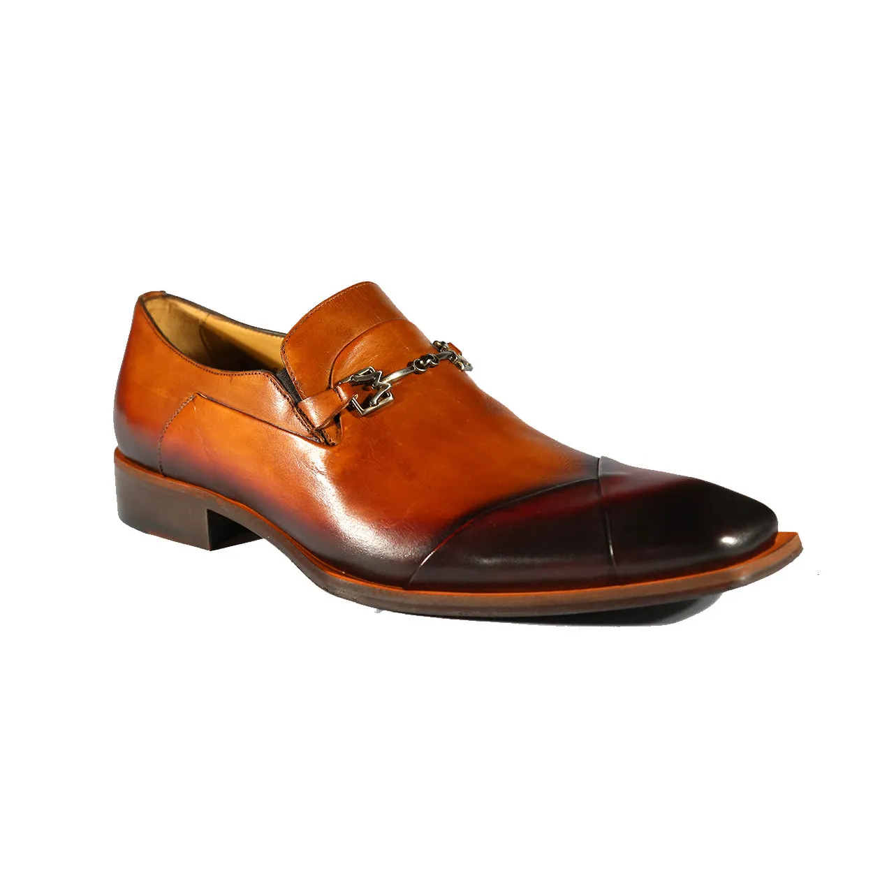 Mezlan 20282 Men's Shoes Honey & Burgundy Calf-Skin Leather Asymmetrical Horsebit Loafers (MZS3480)