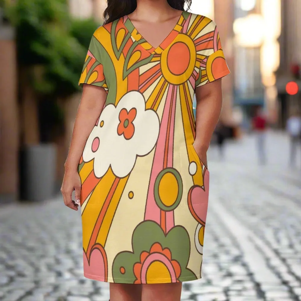 Mid Century Modern Sunshine 70s Retro Groovy Flower Power Pocket Dress