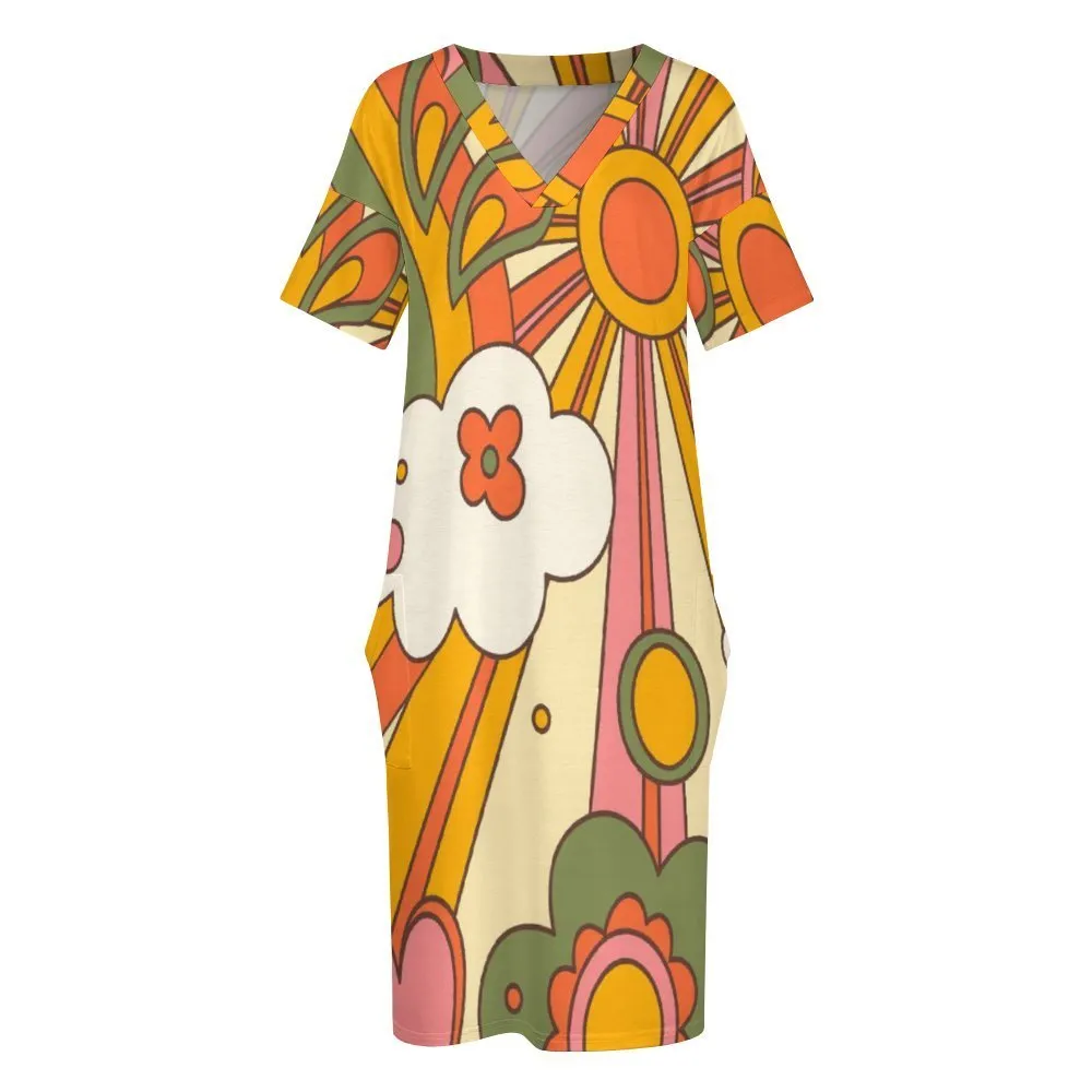 Mid Century Modern Sunshine 70s Retro Groovy Flower Power Pocket Dress