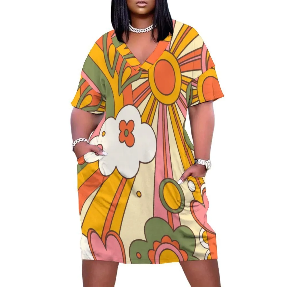 Mid Century Modern Sunshine 70s Retro Groovy Flower Power Pocket Dress