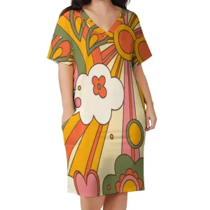 Mid Century Modern Sunshine 70s Retro Groovy Flower Power Pocket Dress