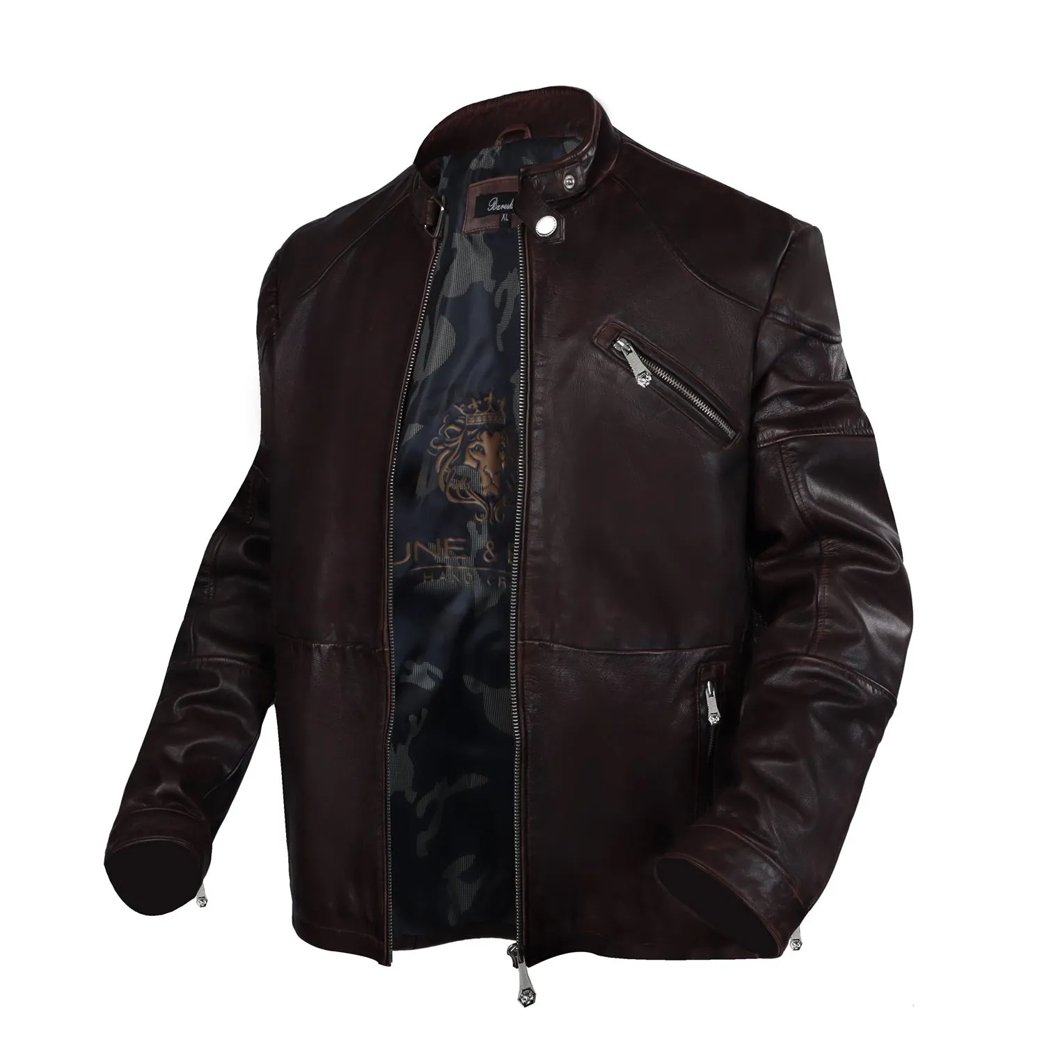 Modern Look Dark Brown Leather Jacket Buckle Style Ban Collar Zip Closure By Brune & Bareskin