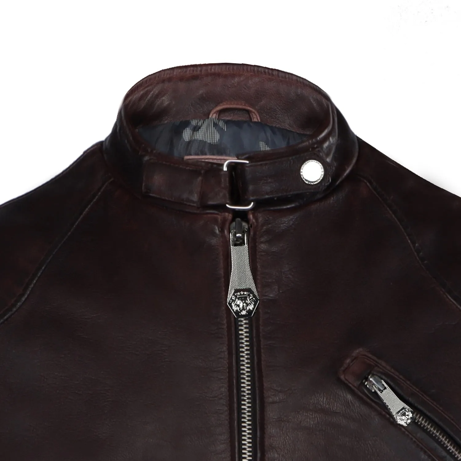 Modern Look Dark Brown Leather Jacket Buckle Style Ban Collar Zip Closure By Brune & Bareskin