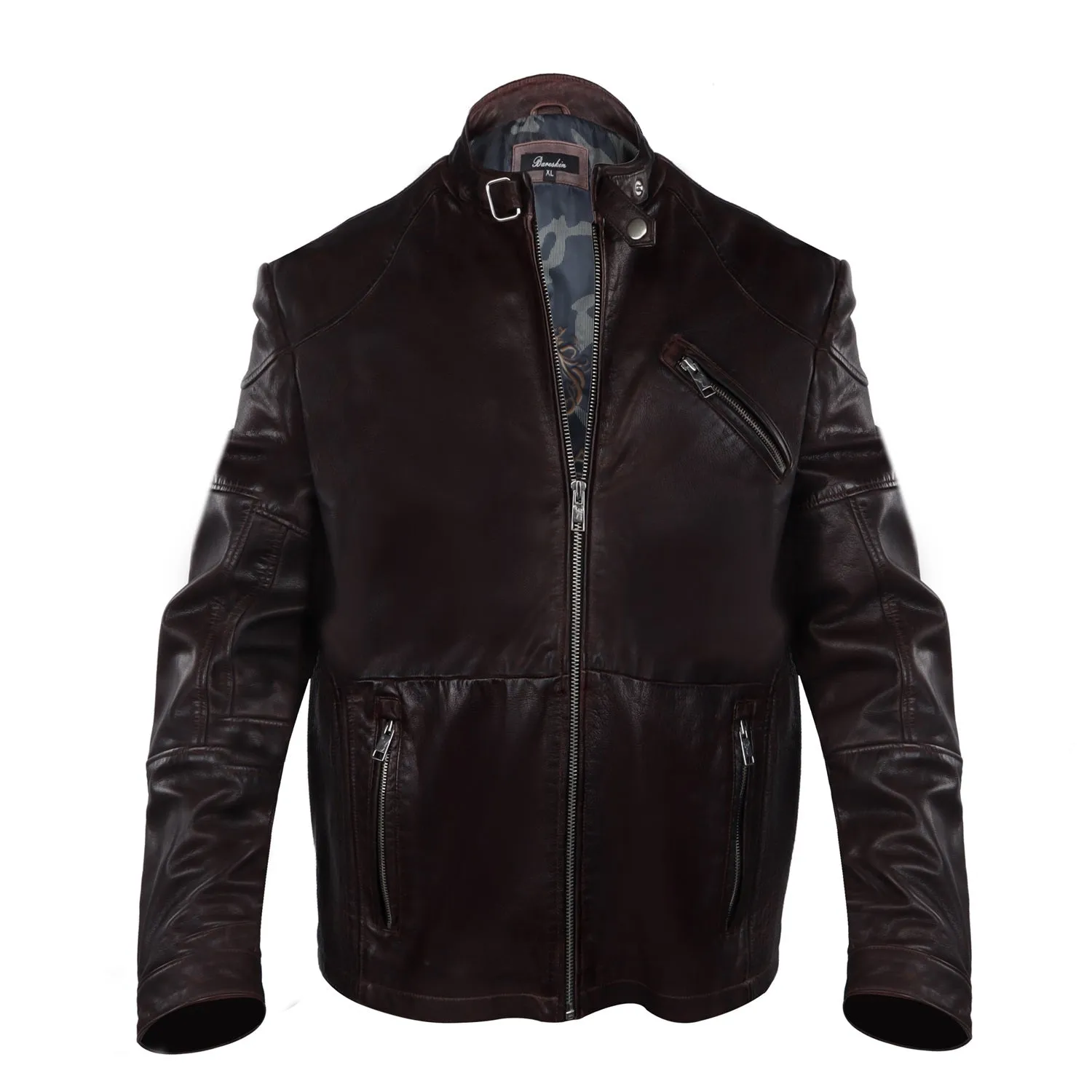 Modern Look Dark Brown Leather Jacket Buckle Style Ban Collar Zip Closure By Brune & Bareskin
