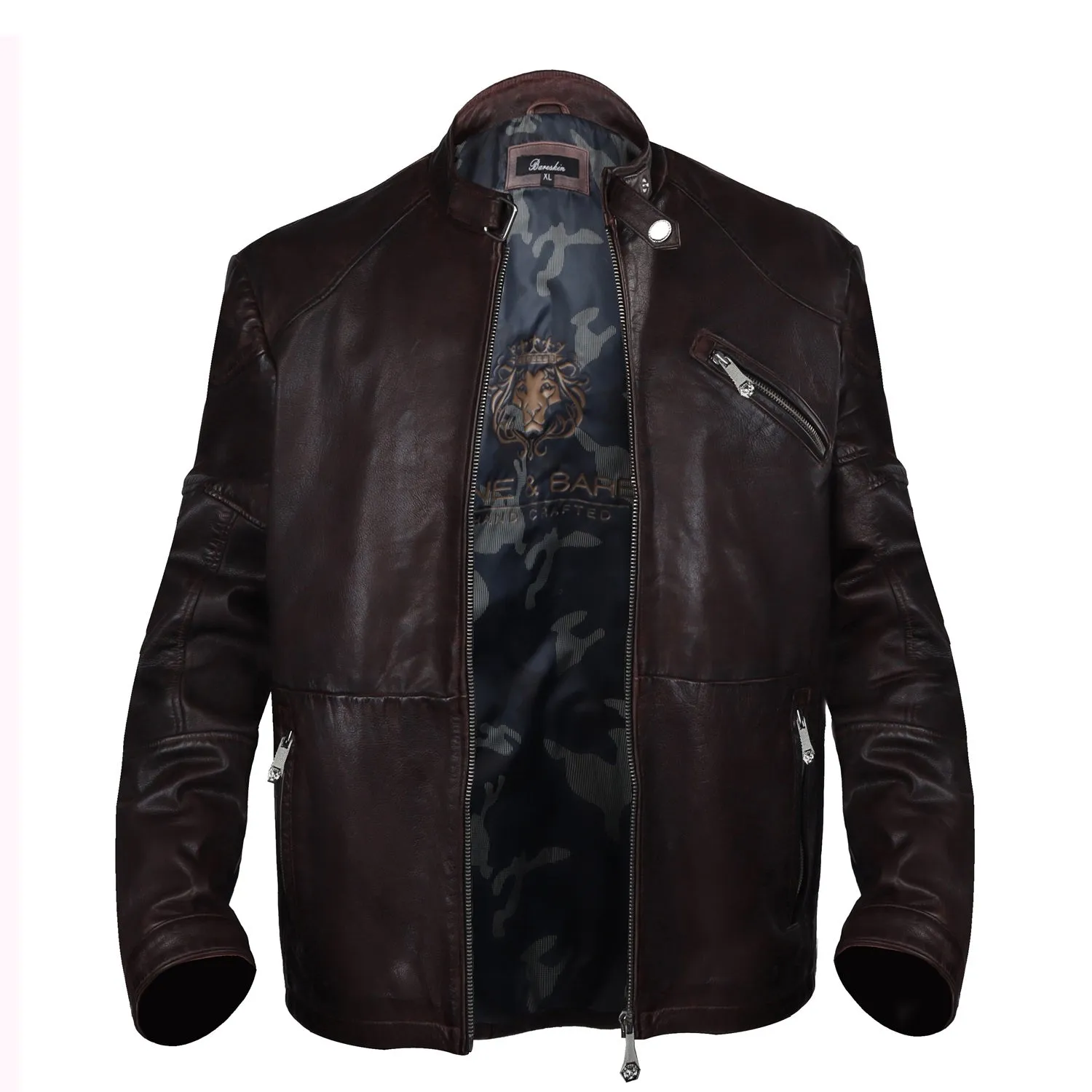 Modern Look Dark Brown Leather Jacket Buckle Style Ban Collar Zip Closure By Brune & Bareskin