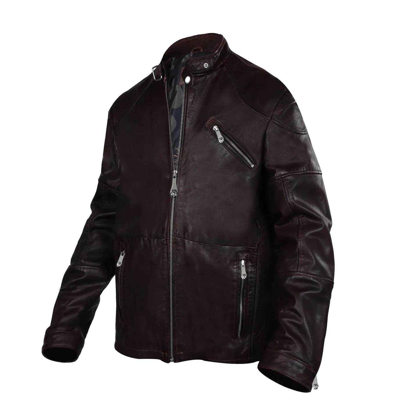 Modern Look Dark Brown Leather Jacket Buckle Style Ban Collar Zip Closure By Brune & Bareskin