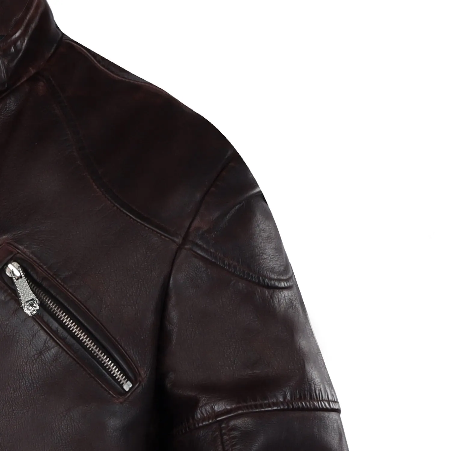 Modern Look Dark Brown Leather Jacket Buckle Style Ban Collar Zip Closure By Brune & Bareskin