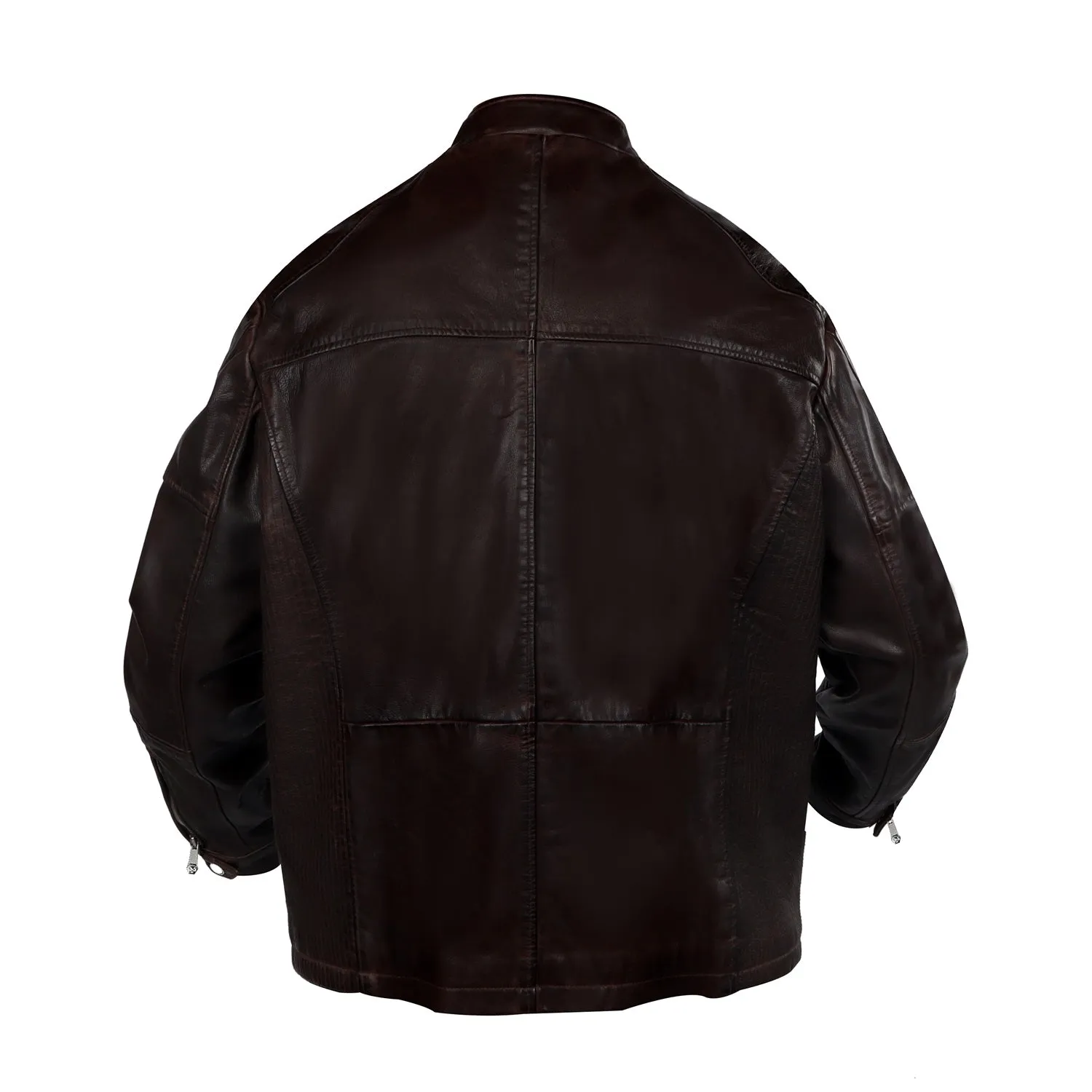 Modern Look Dark Brown Leather Jacket Buckle Style Ban Collar Zip Closure By Brune & Bareskin