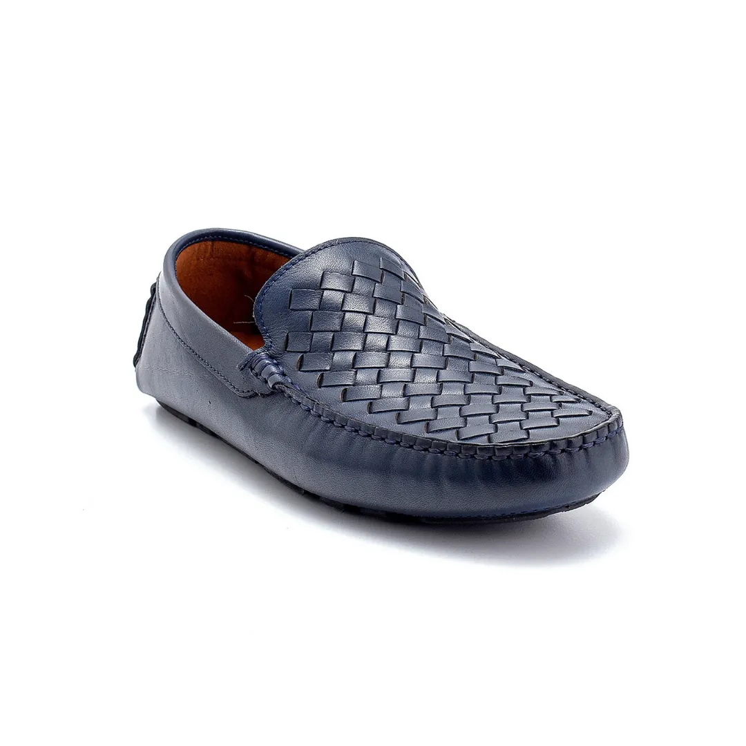 Navy Blue Men Leather Knit Detailed Loafer