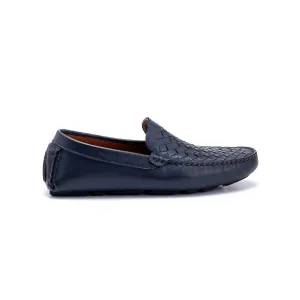Navy Blue Men Leather Knit Detailed Loafer
