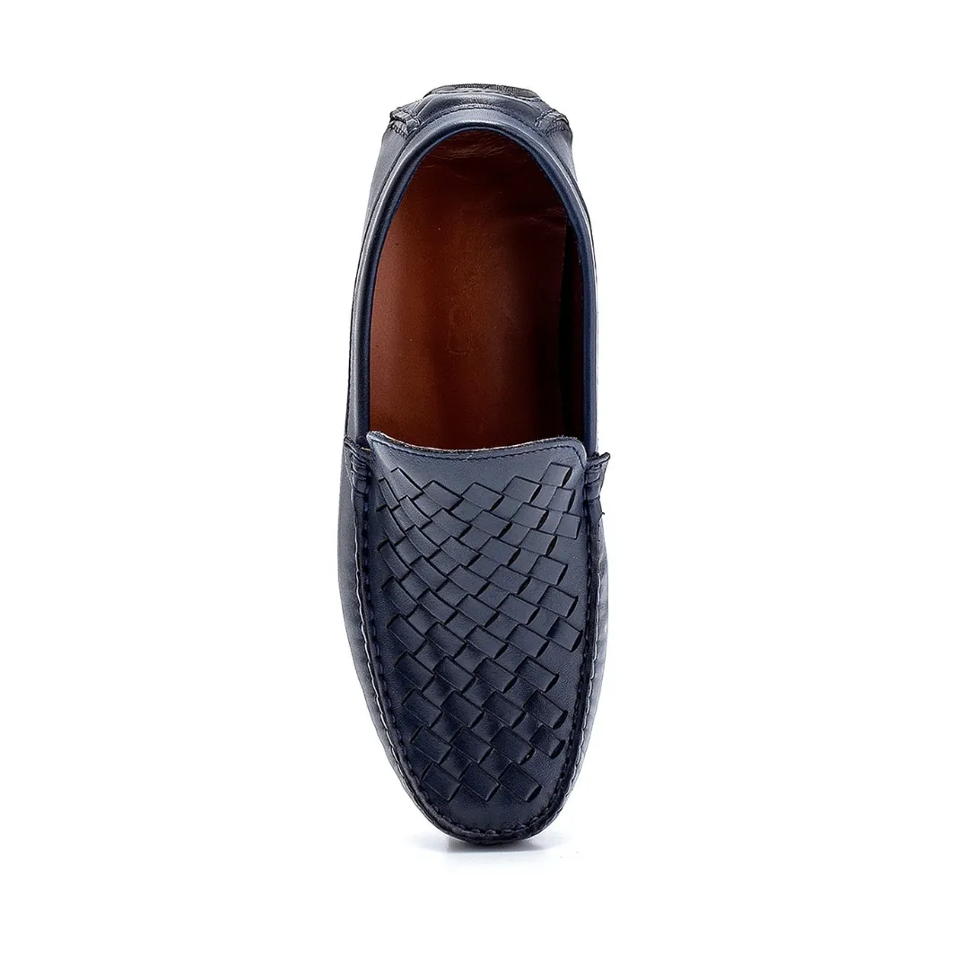 Navy Blue Men Leather Knit Detailed Loafer