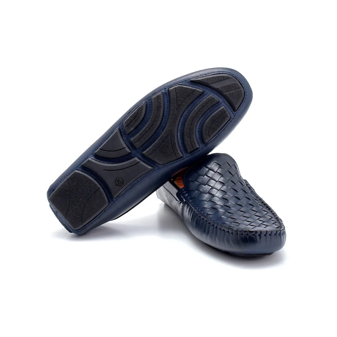 Navy Blue Men Leather Knit Detailed Loafer