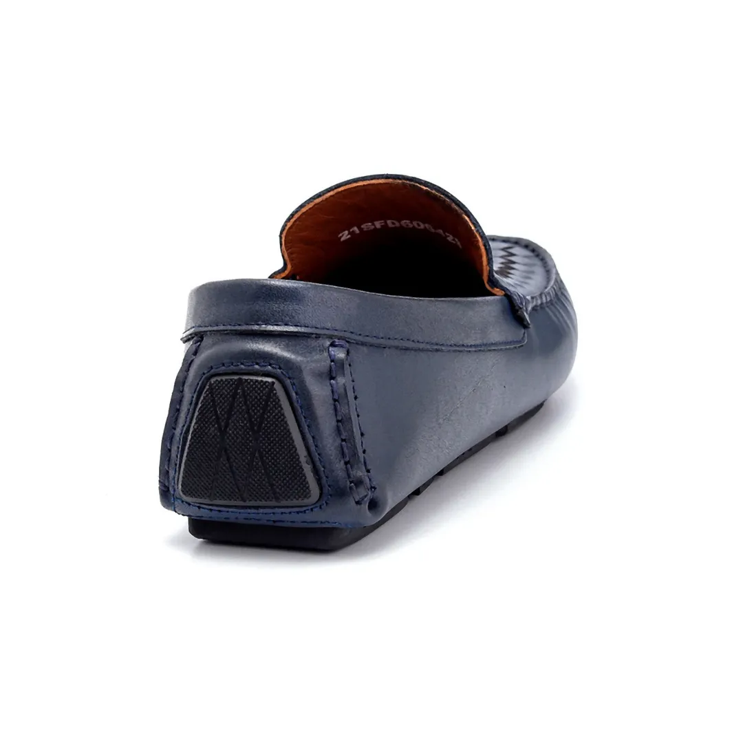 Navy Blue Men Leather Knit Detailed Loafer