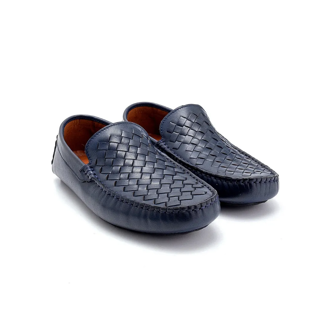 Navy Blue Men Leather Knit Detailed Loafer