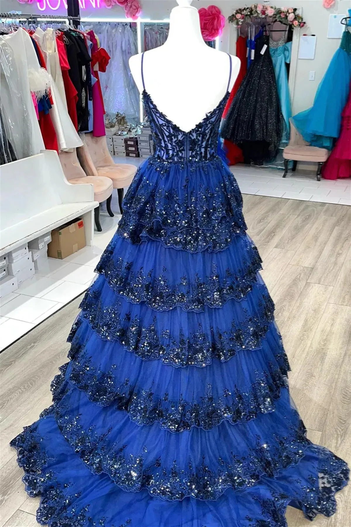 Navy Blue Tulle with Lace Applique Layers Long Prom Dress, Navy Blue Party Dress
