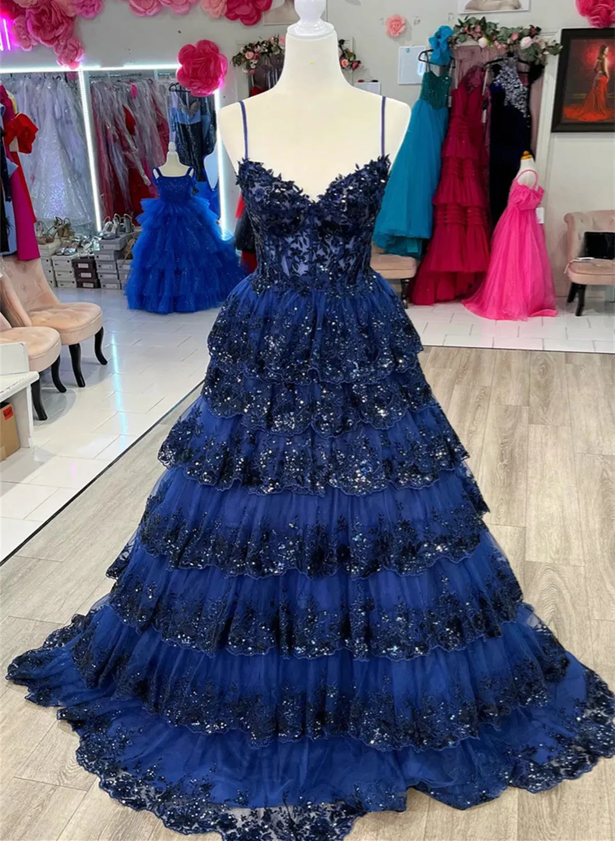 Navy Blue Tulle with Lace Applique Layers Long Prom Dress, Navy Blue Party Dress