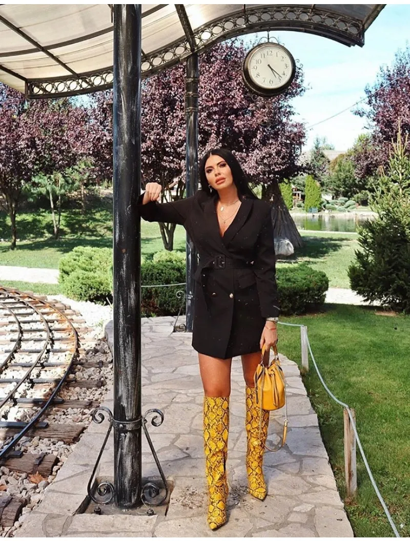Nicole Yellow Snakeskin Slouch Knee High Boots
