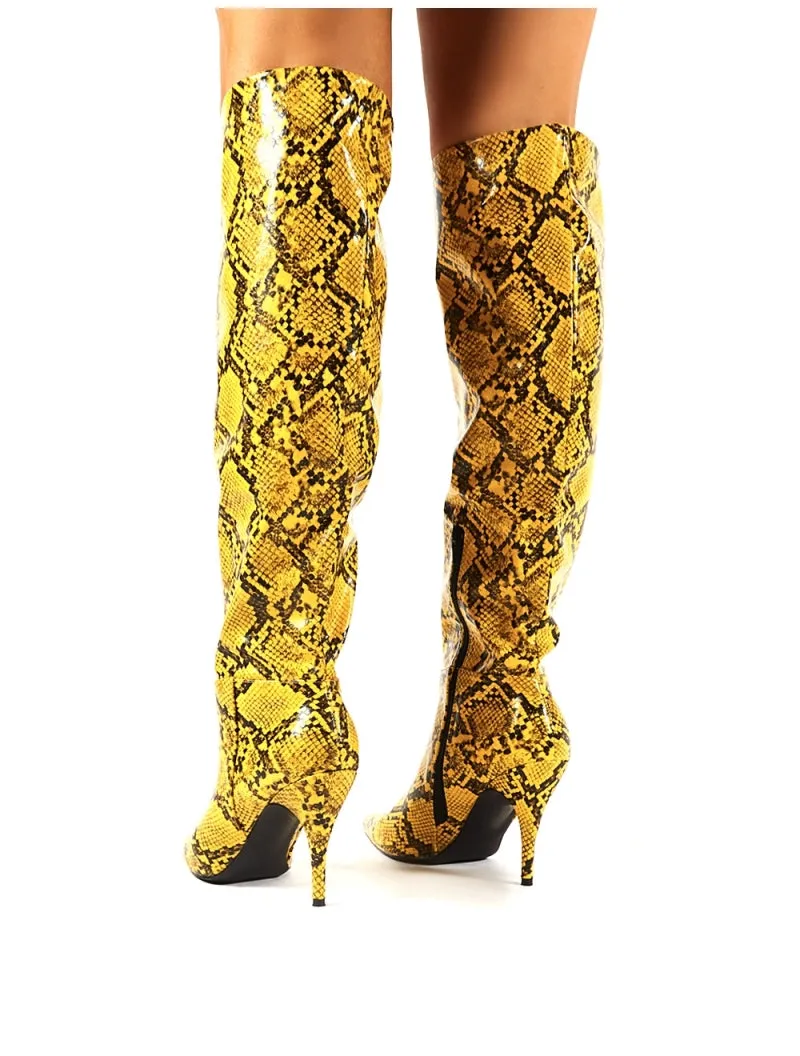 Nicole Yellow Snakeskin Slouch Knee High Boots