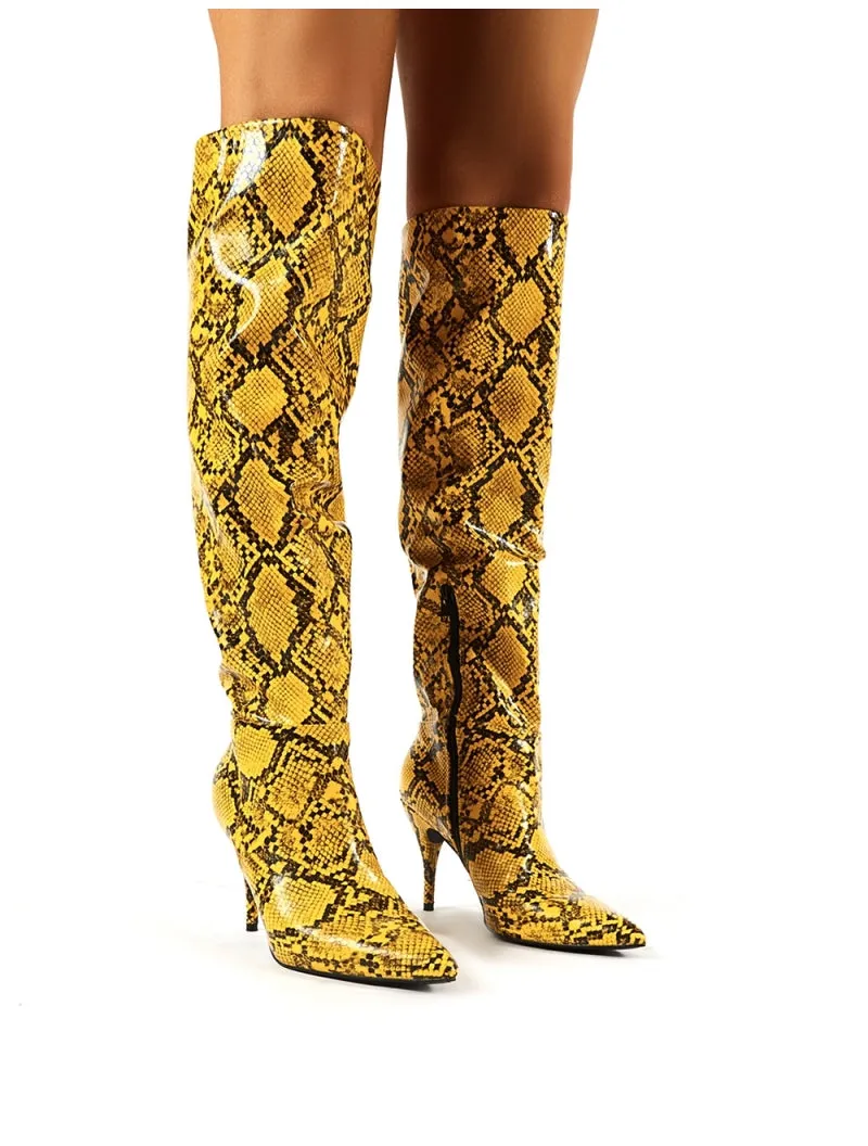 Nicole Yellow Snakeskin Slouch Knee High Boots