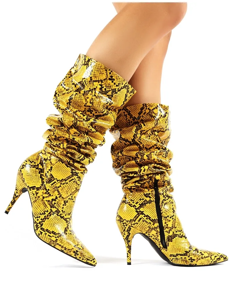 Nicole Yellow Snakeskin Slouch Knee High Boots