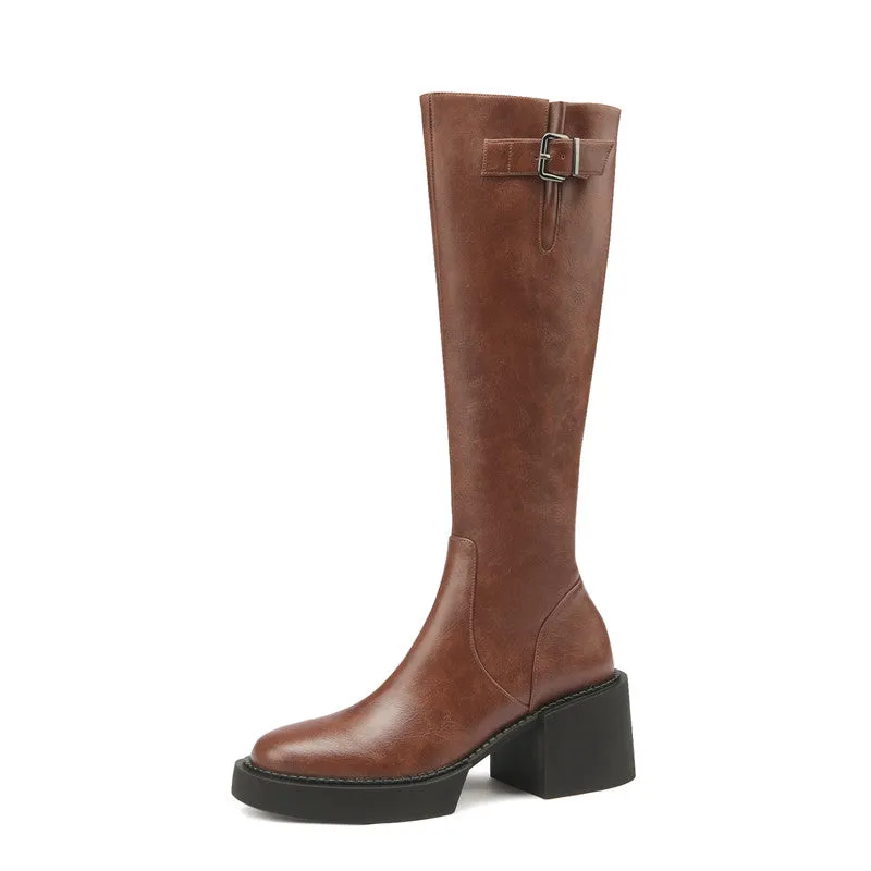 Nyomi Brown Block Heel Knee High Boots