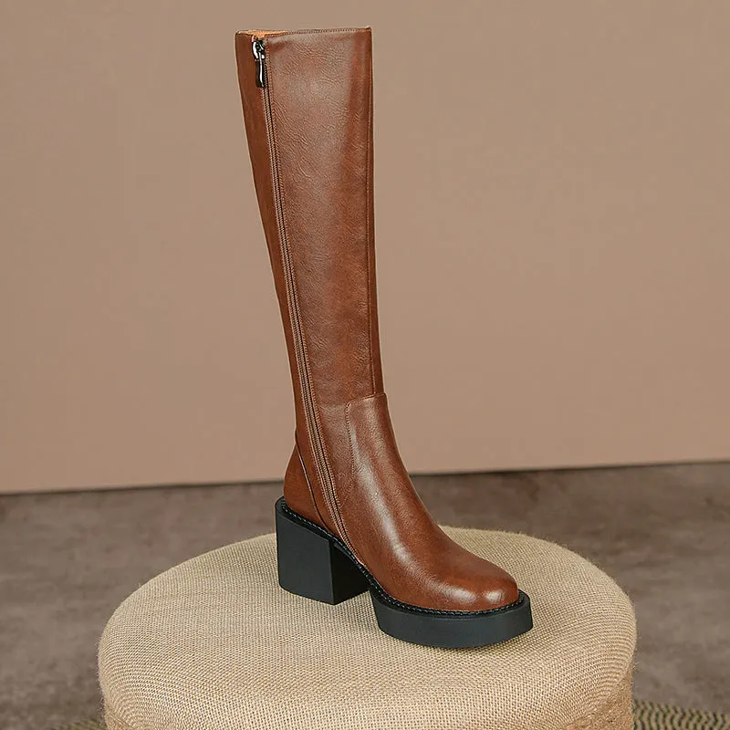 Nyomi Brown Block Heel Knee High Boots